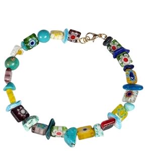 Colorful Millefiori Floral Glass Squares & Turquoise Chips Beaded Bracelet